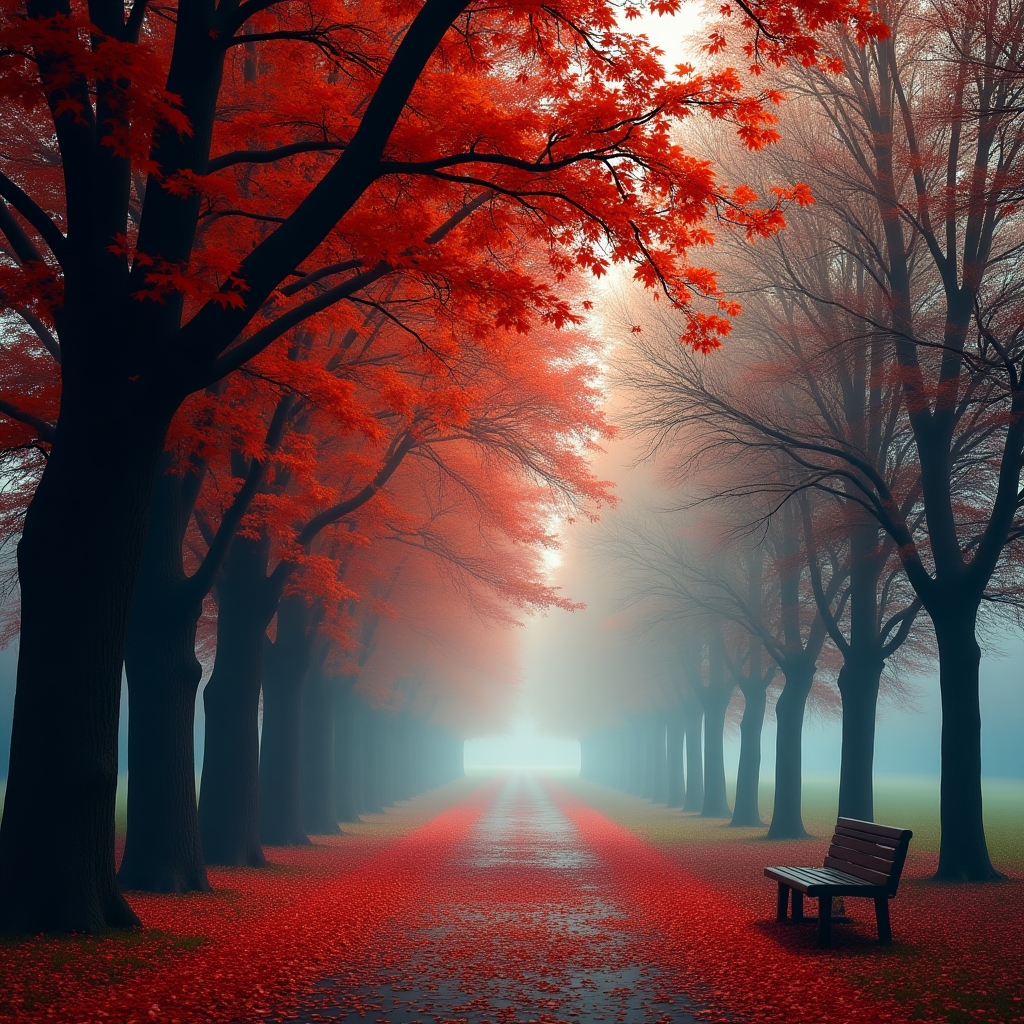 a park in autumn morning with red leaves